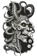 Mutant god side face having third eye with piercing and with tusks and horns and skull necklace with snakes  tattoo design idea