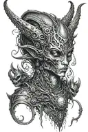 alien warrior with third eye and horns surrounded by alien like creatures  tattoo design idea