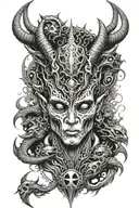 alien warrior with third eye and horns surrounded by alien like creatures  tattoo design idea