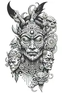 Shaman side facewith white eyes with piercings and with third eye surrounded by alien beings around his head tattoo design idea