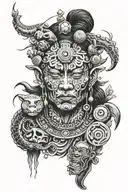 Shaman side facewith white eyes with piercings and with third eye surrounded by alien beings around his head tattoo design idea
