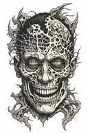 Human face split in half with mutiple eyes popping out on one side and skull on top of the head  tattoo design idea