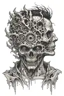 Human face split in half with mutiple eyes popping out on one side and skull on top of the head  tattoo design idea