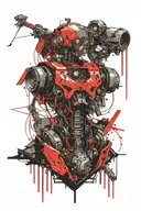 humanoid robot with future seeing abilities and skull necklace and rocket launchers on the back tattoo design idea