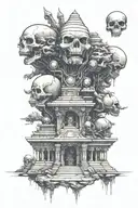 an alien head having a Indian temple with skull warriors running away from it towards us tattoo design idea