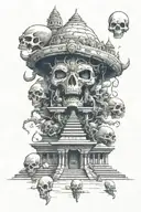 an alien head having a Indian temple with skull warriors running away from it towards us tattoo design idea
