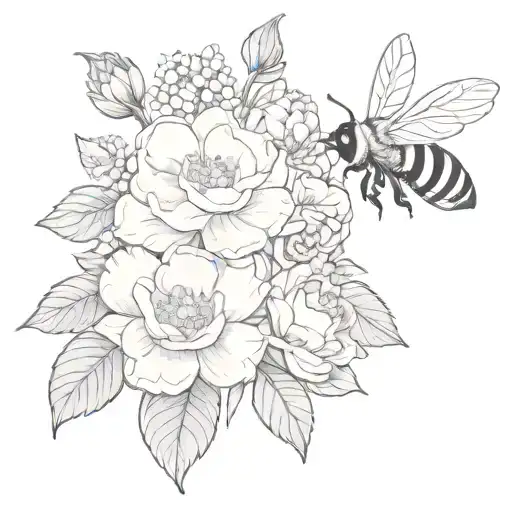crysanthemum, gardenia, lilac and peony flower bouquet with bee flying fine line black and white  tattoo design idea