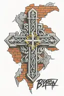 brick wall with RIP Byron 3d cross tattoo design idea