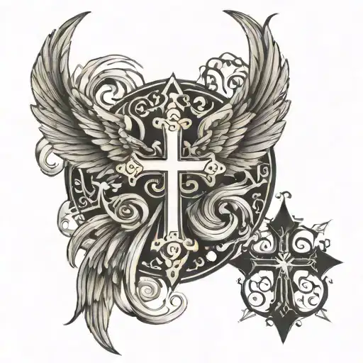 devil and angel wings, big cross surrounded tattoo design idea