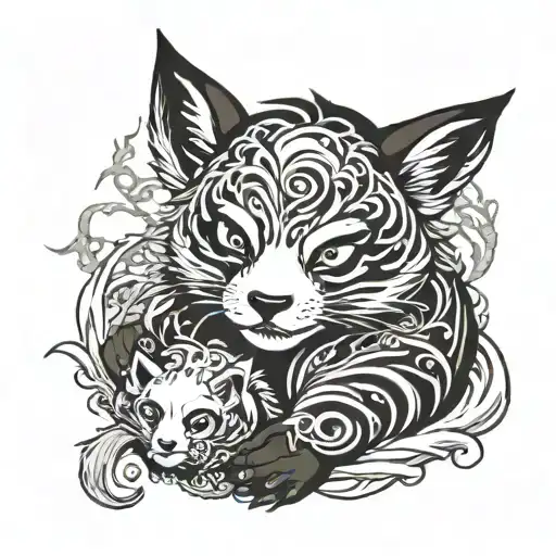 nine tailed fox holding panda bear tattoo design idea