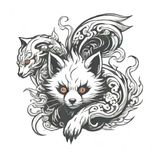 nine tailed fox holding panda bear tattoo design idea