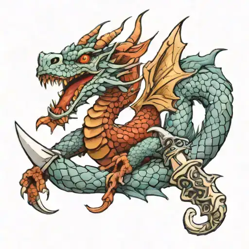 realistic  mideviel dragon wrapped around a dagger   tattoo design idea