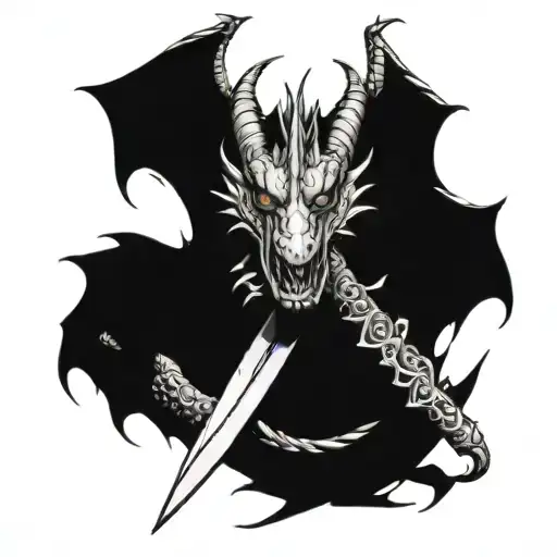 realistic  mideviel dragon wrapped around a dagger   tattoo design idea