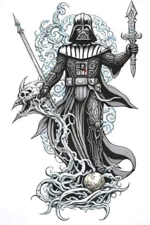 Darth Vader as Poseidon with trident and Giant Squid tattoo design idea