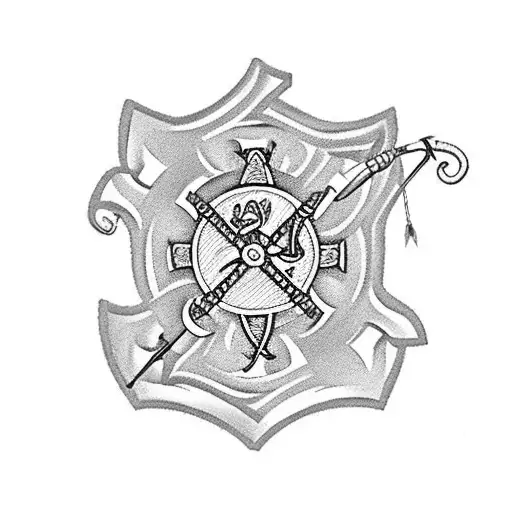 A traditional style tattoo featuring a paramedic/firefighter emblem intertwined with fishing hooks and hunting arrows. tattoo design idea