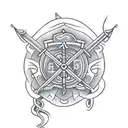 A traditional style tattoo featuring a paramedic/firefighter emblem intertwined with fishing hooks and hunting arrows. tattoo design idea