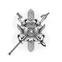 A traditional style tattoo featuring a paramedic/firefighter emblem intertwined with fishing hooks and hunting arrows. tattoo design idea