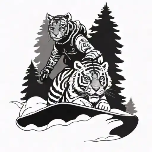 Incorporate a snowboarder riding a tiger through a snowy forest tattoo design idea