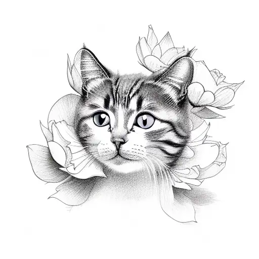 cute cat with flowers tattoo design idea
