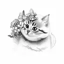 cute cat with flowers tattoo design idea