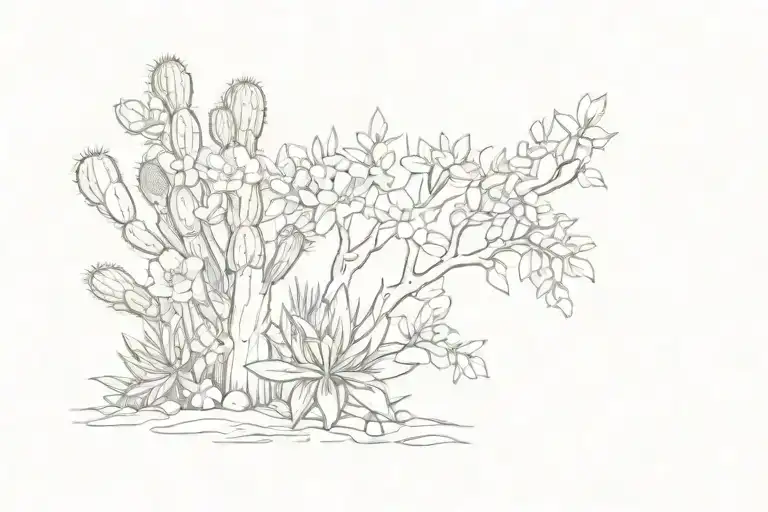 acacia tree, cactus and azalea flowers together   tattoo design idea