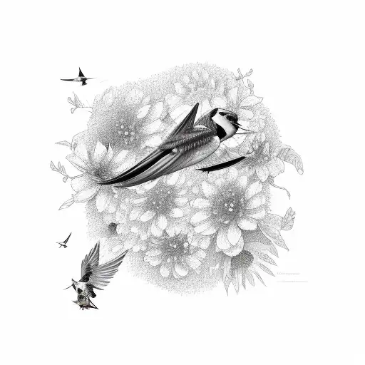 flying swallow with flowers tattoo design idea
