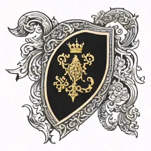 Incorporate elements of the Moran Irish family crest into a black and gold upper body knight armor design tattoo design idea