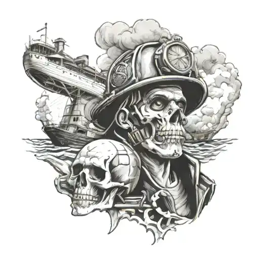 firefighter and skull ship navigating tattoo design idea