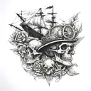firefighter and skull ship navigating tattoo design idea