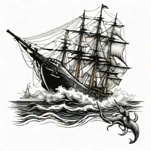wooden whaling boat with sailors harpooning whale with the city of ponta delgada in the background tattoo design idea