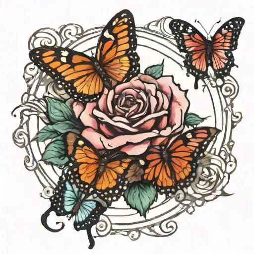 a circus rose surrounded by three butterflies tattoo design idea