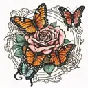 a circus rose surrounded by three butterflies tattoo design idea