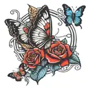 a circus rose surrounded by three butterflies tattoo design idea