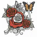 a circus rose surrounded by three butterflies tattoo design idea