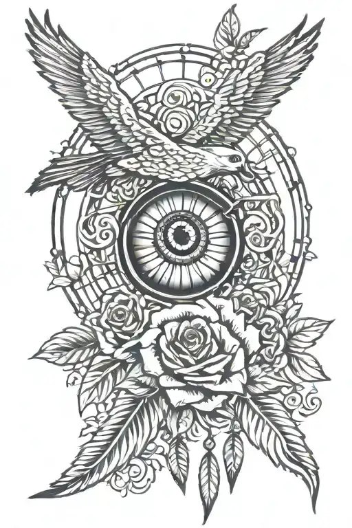 eye of Horus dreamcatcher roses mayflowers hibiscus phoenix  tattoo design idea