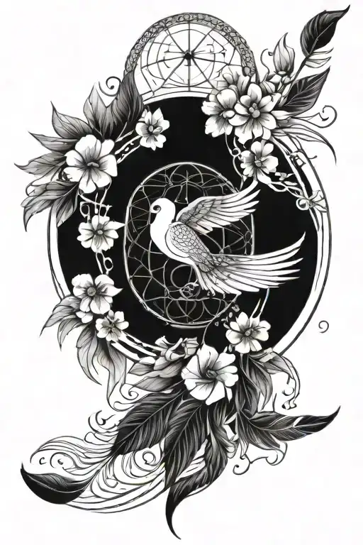 dream catcher entangled in a beautiful phoenix tail, an Egyptian Eye of Horus and hibiscus flowers. tattoo design idea