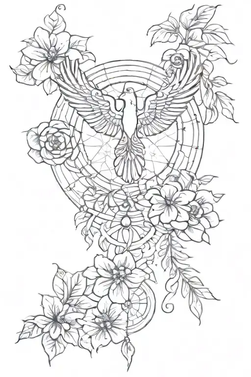 dream catcher entangled in a beautiful phoenix tail, an Egyptian Eye of Horus and hibiscus flowers. tattoo design idea