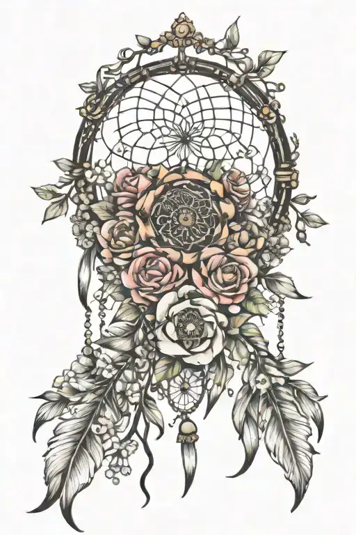 floral dream catcher entangled in lots of flowers tattoo design idea
