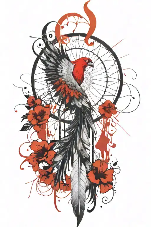 dream catcher entangled in a beautiful phoenix tail, an Egyptian Eye of Horus and hibiscus flowers. tattoo design idea