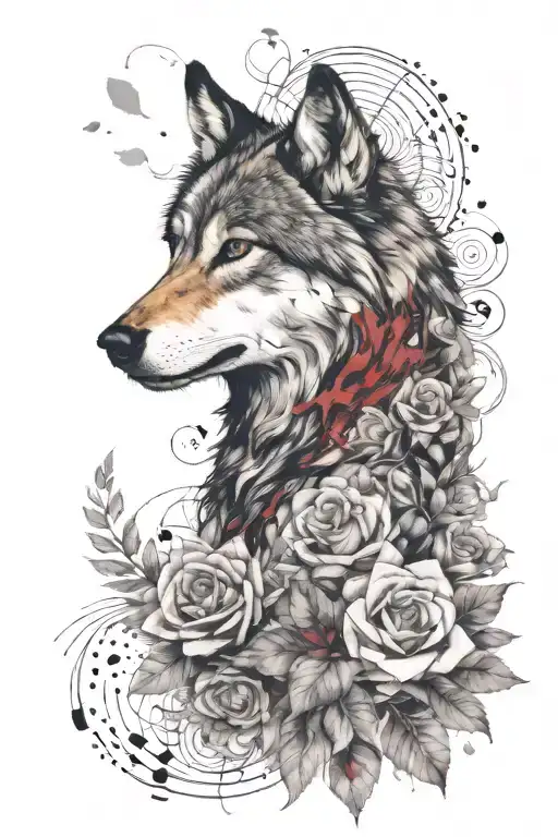 wolf blended by roses mayflowers  tattoo design idea