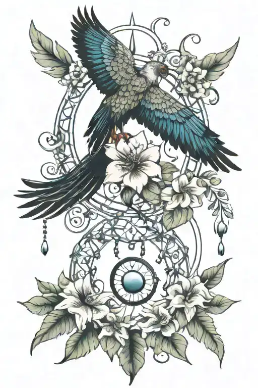 dream catcher entangled in a beautiful phoenix tail, an Egyptian Eye of Horus and hibiscus flowers. tattoo design idea