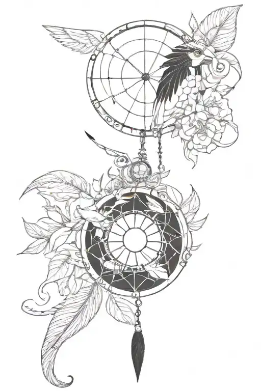 dream catcher entangled in a beautiful phoenix tail, an Egyptian Eye of Horus and hibiscus flowers. tattoo design idea
