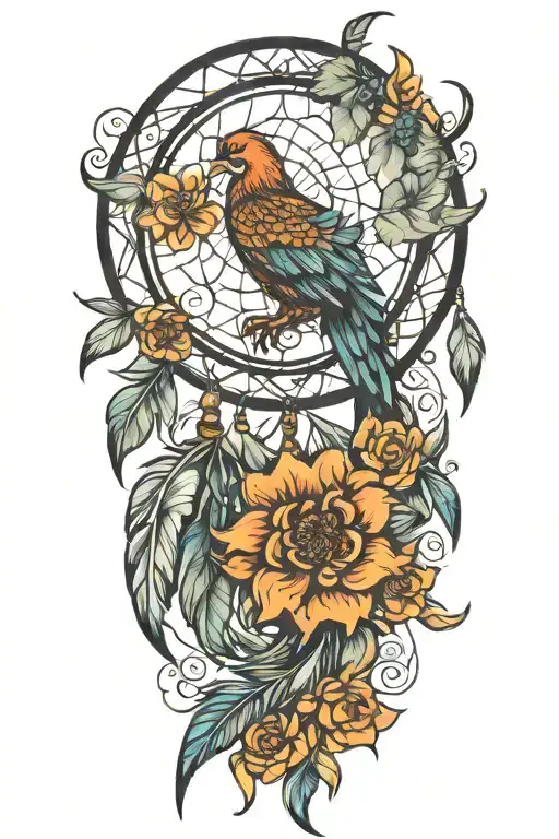 dream catcher Phoenix feminine flowers intertwined tattoo design idea