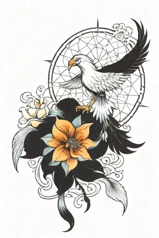 dream catcher entangled in a beautiful rising phoenix tail, an Egyptian Eye of Horus and hibiscus flowers. tattoo design idea