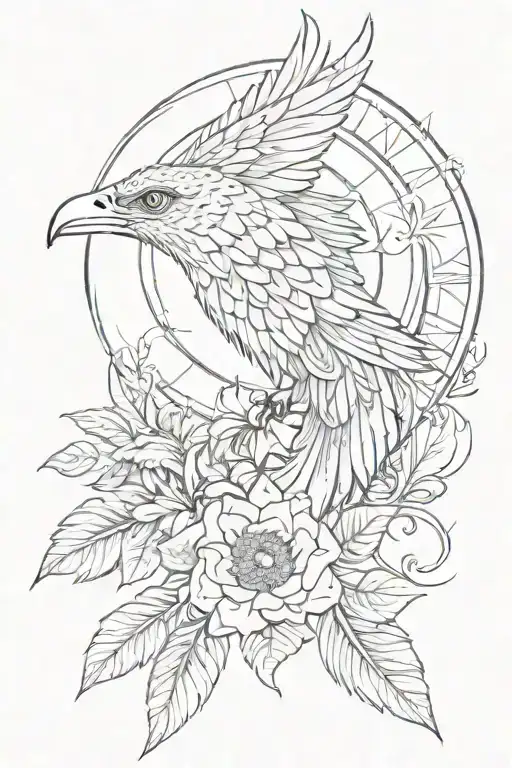 dream catcher entangled in a beautiful rising phoenix, an Egyptian Eye of Horus with hibiscus flowers. tattoo design idea