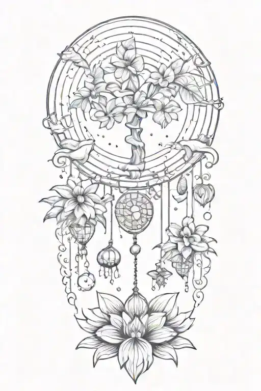 rainbow dream catch with palm tree and lotus flowers tattoo design idea
