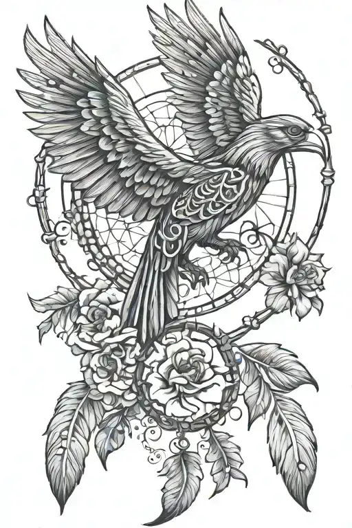 dream catcher entangled in a beautiful rising phoenix, an Egyptian Eye of Horus with hibiscus flowers. tattoo design idea