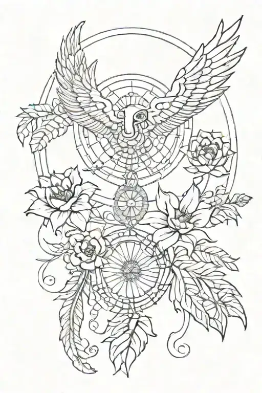 dream catcher entangled in a beautiful phoenix tail, an Egyptian Eye of Horus and hibiscus flowers. tattoo design idea