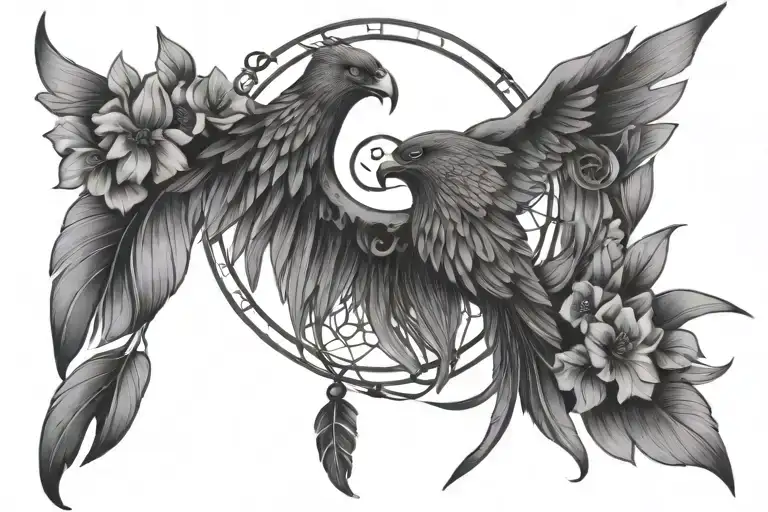 dream catcher entangled in a beautiful phoenix tail, an Egyptian Eye of Horus and hibiscus flowers. tattoo design idea