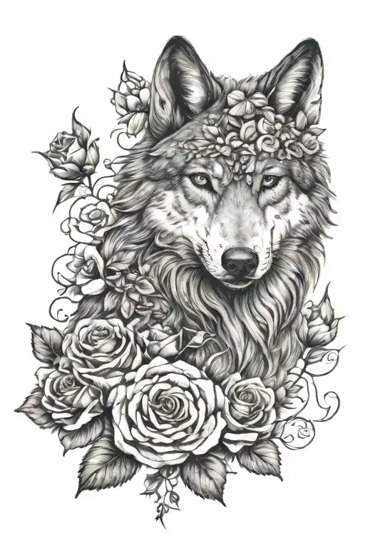 feminine wolf blended by roses and mayflowers tattoo design idea